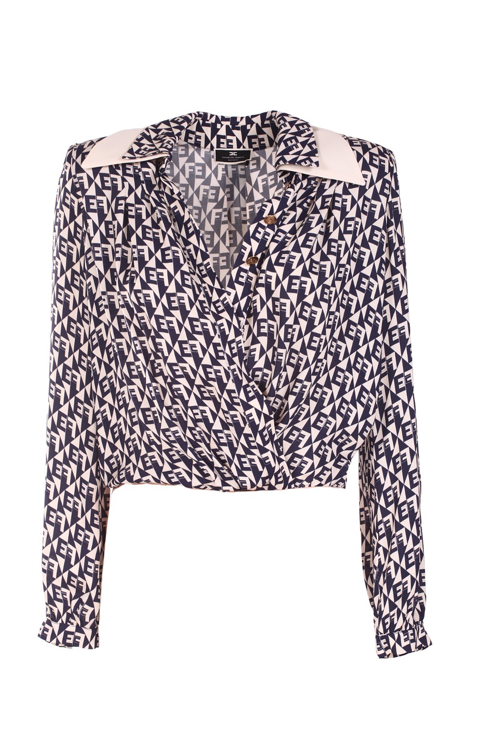 shop ELISABETTA FRANCHI Saldi Body: Elisabetta Franchi camicia body incrociata con stampa rombi.
Camicia a body in georgette di viscosa.
Doppio colletto incrociato sul davanti  che crea una profonda scollatura.
Maniche lunghe arricciate e ampie al fondo che terminano in piccoli polsi chiusi da bottoni metallici oro logo EF.
Composizione: 100% viscosa.
Made in Italy.. CB00126E2-AT4 number 2585191